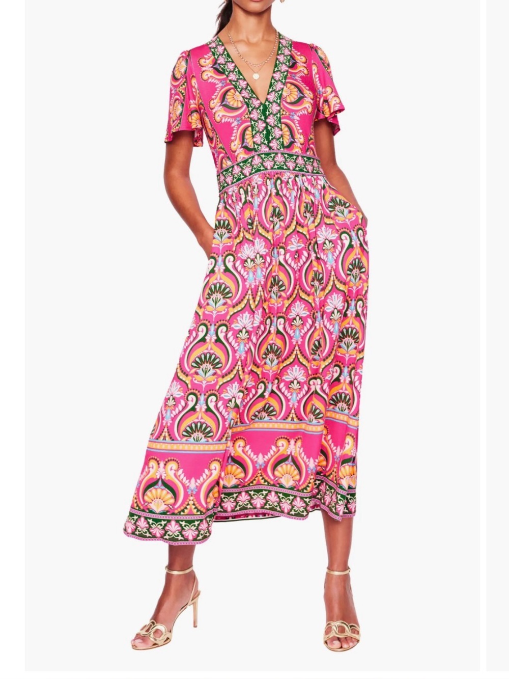 Boden Ellie Flutter Maxi Tea Dress Pink Floral Print Plus Size US 20-22R